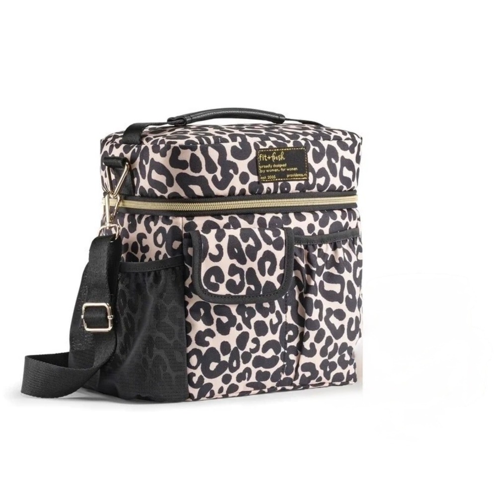 Fit + Fresh Leopard Print Insulated Lunch Bag Crossbody Tan Black Gold Hardware